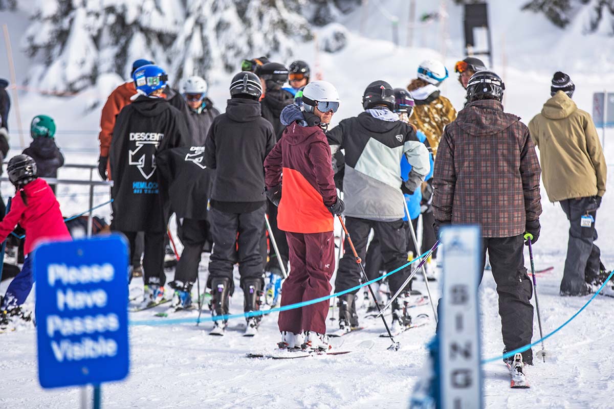 Arc'teryx Sentinel LT women's ski bibs (standing in lift line)